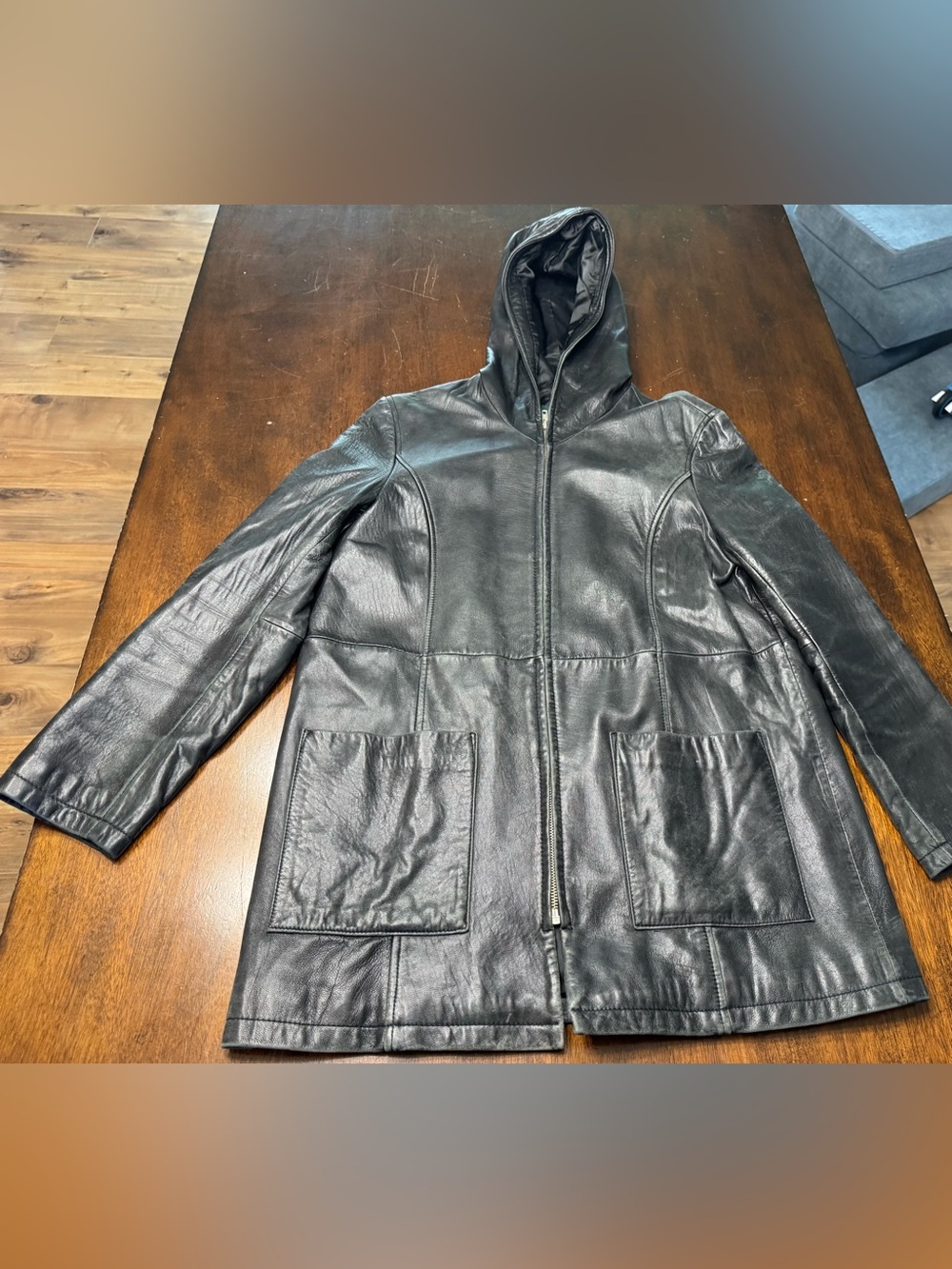 Harve Benard Black Leather Hooded Jacket